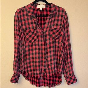 Cloth & Stone ANTHROPOLOGIE Red Black Buffalo Plaid Button Down Shirt MEDIUM